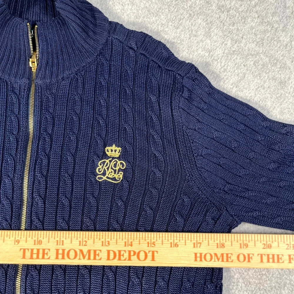 Lauren Ralph Lauren Sweater Womens Large Navy Blue Cable Knit Mock Neck Full Zip